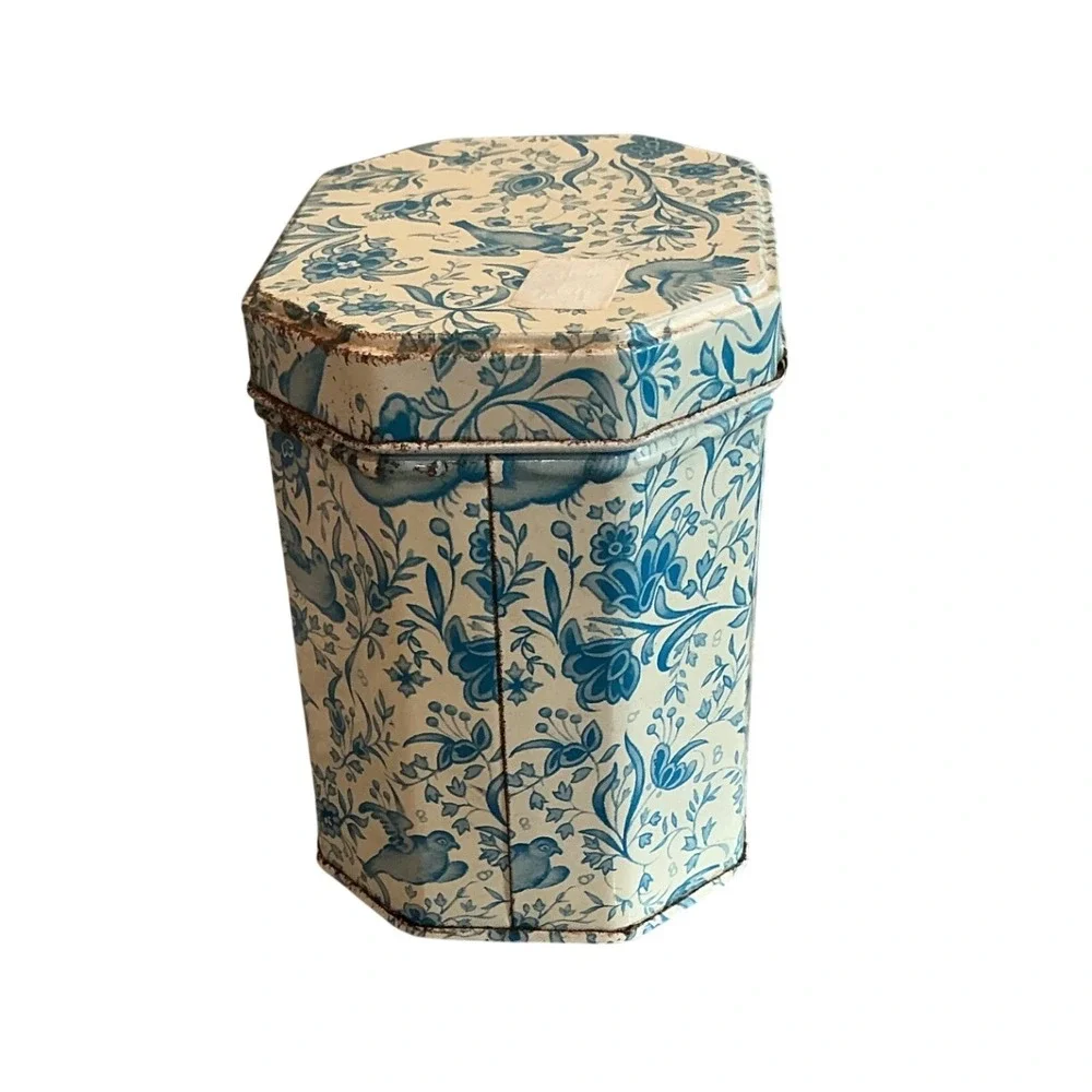 Vintage Elite Tin Toile Trinket Box Blue White Floral Bird Gift French Country